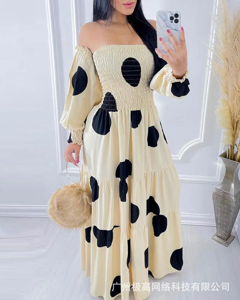 

2026 new in stock women's fashionable beige polka dot one neck long skirt