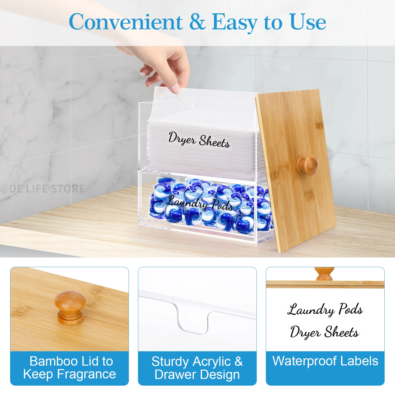 Double Layer Acrylic Storage Box with Bamboo Lid Dryer Sheet Holder Laundry Pod Container Laundry Room Organizer