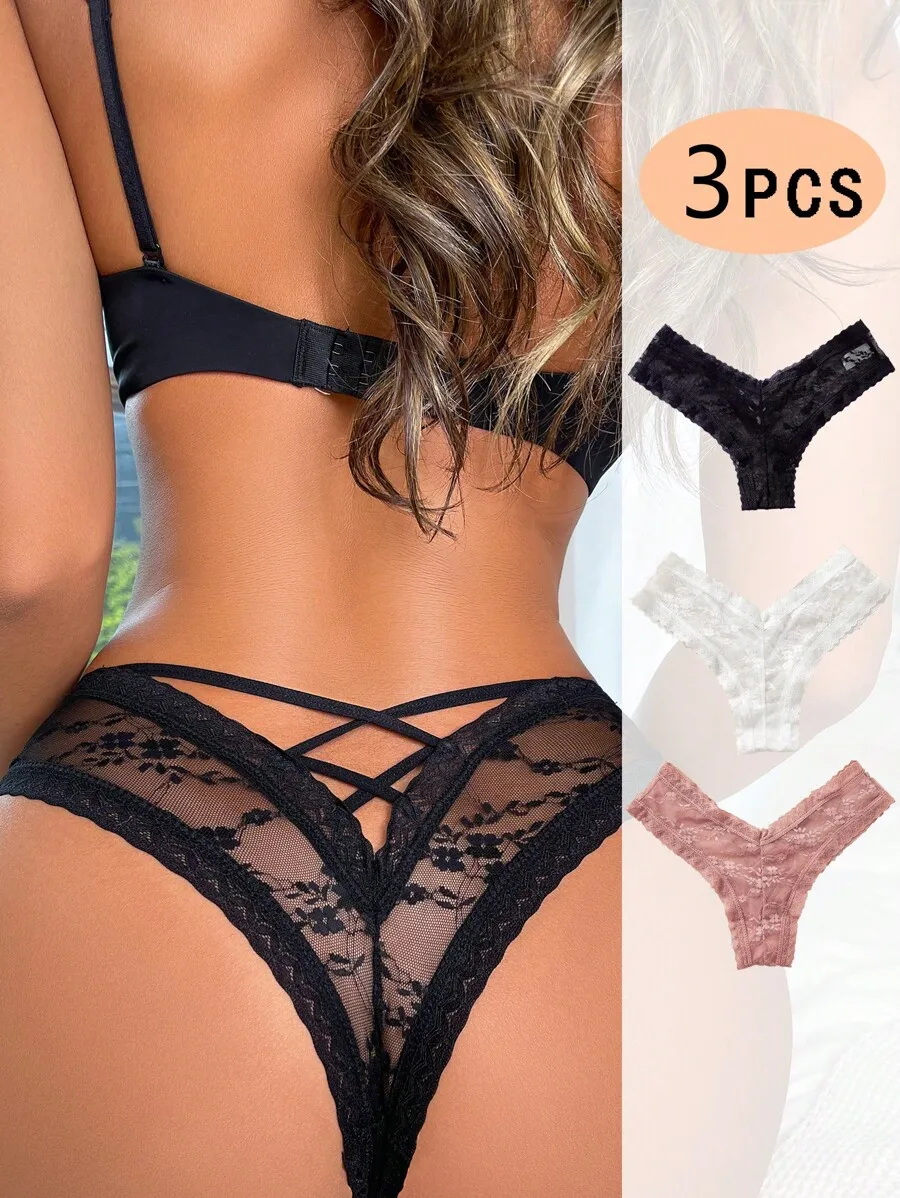 

3pcs Women Lace Triangle String Panties Set Lingerie