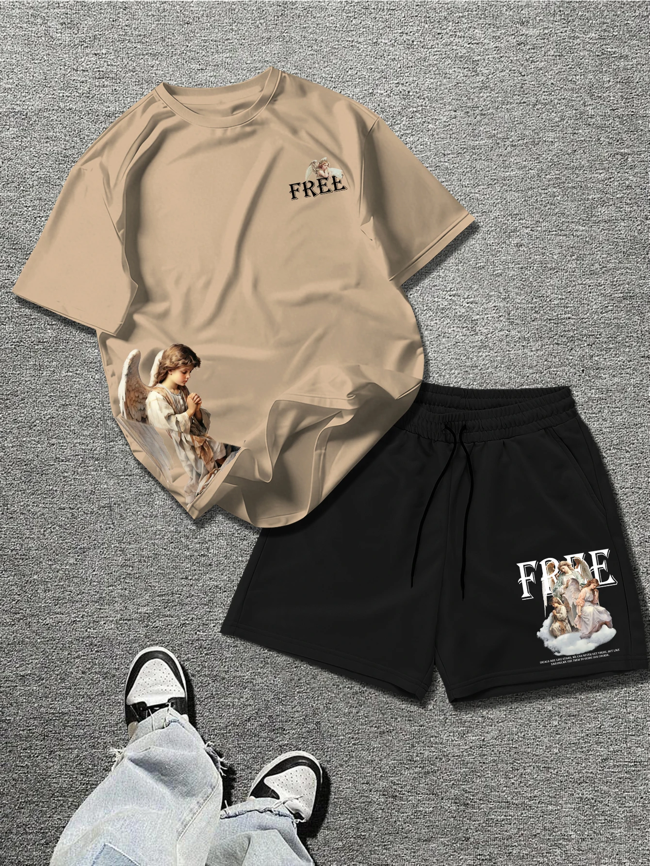 

Men's Vintage Cherub Angel Art FREE Graphic 2 Piece Outfit Oversized Short Sleeve T-Shirt And Shorts Casual Streetwear Tracksuit