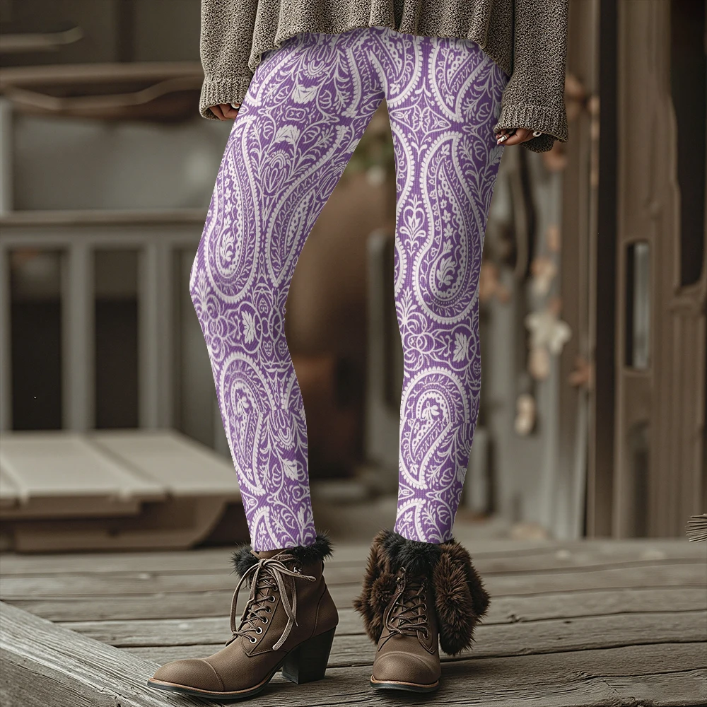 Women's Purple Paisley Print Thermal Leggings Layered Over Trousers Thick Winter Wearable Tights Boho Style Outfits Pants