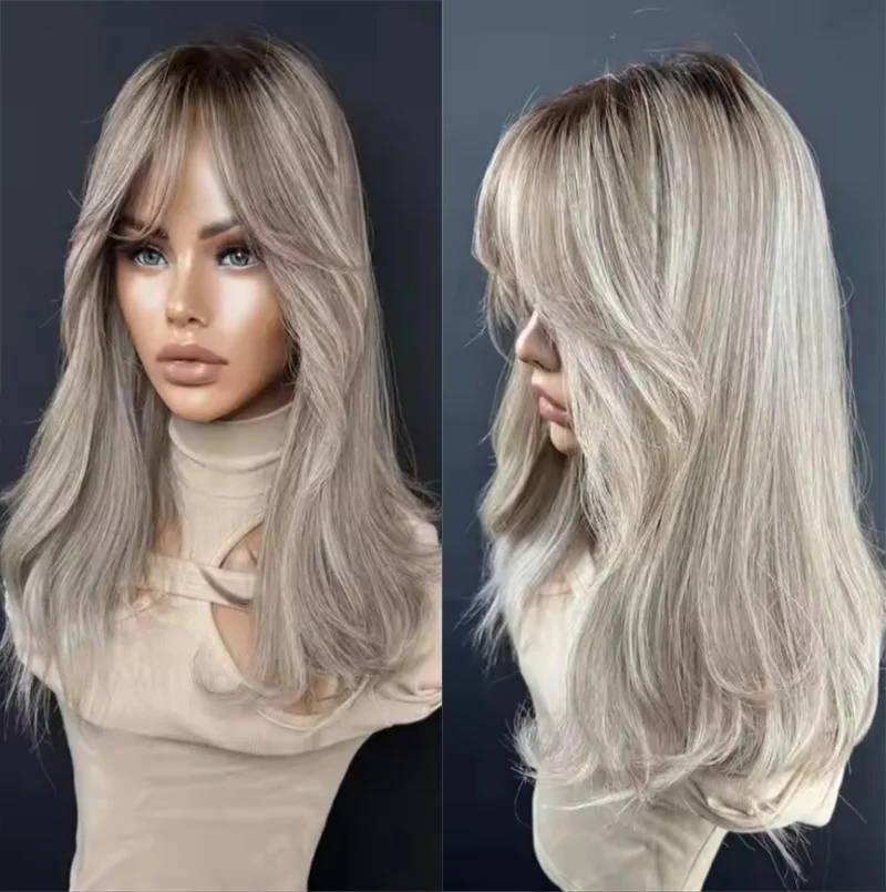 Ombre Ash Grey Blonde Highlights Short Bob Wig with Bangs 100% Human Hair Wig Dark Roots Melted 200% Realistic Hairline Wig