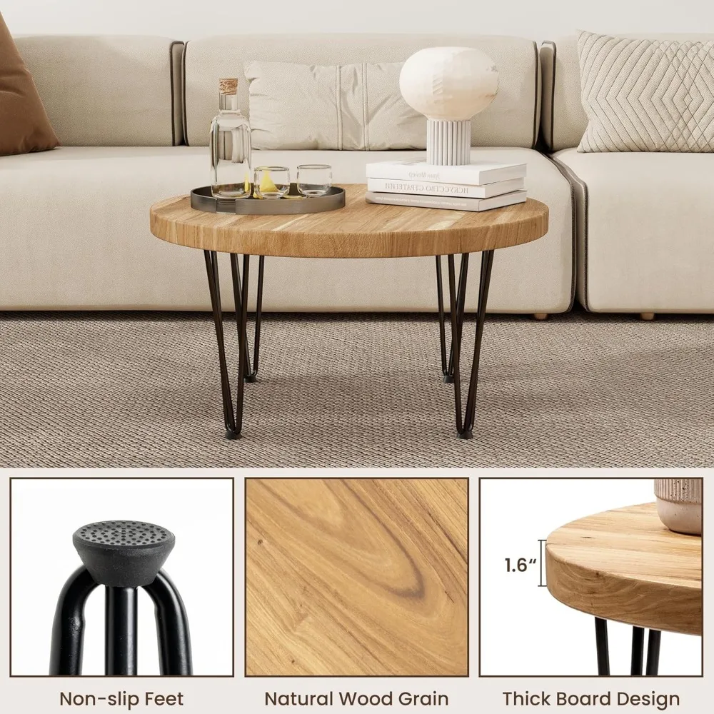 Round Coffee Table - Elm Wood Nesting Table with Metal Legs & Non Slip Feet Base - Rustic Nesting End Tables for Living Room Be