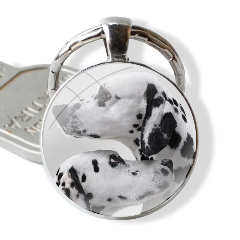 Dog Dalmatian Keychain Handmade Glass Cabochon Key Ring Holder Pendant Key Chains