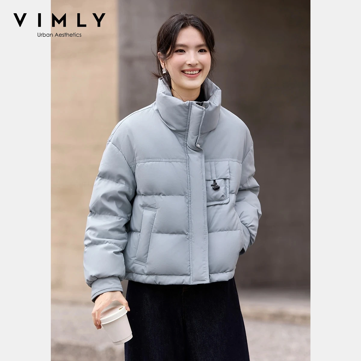 

VIMLY Blue Women's Winter Down Jacket 2025 Casual Stand Neck Zip Up Pocket Coat Elegant Oversize Short Puffer Jacket Woman 50858
