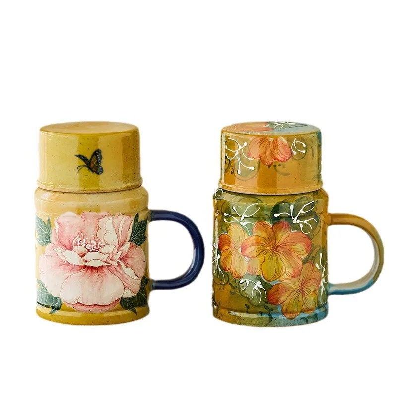 

Ceramic small warm pot Chinese retro hand-painted office water cup underglaze color mug with lid large capacity
