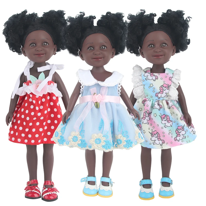 14inch Cute African Girls Doll Lifelike Vinyl Newborn Baby Black Skin Curly Hair 35CM Simulation American Doll Kids Dress Up Toy