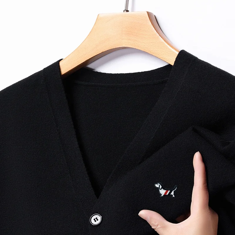 Designer Original Men's V-Neck Long Sleeve Cardigan Sweater Autumn New Exquisite Small Dog Print Knitwear Coat Handsome Menswear