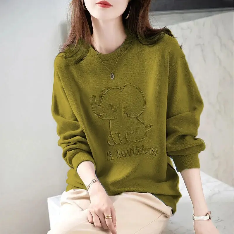 Casual Stylish Cartoon Embroidery Sweatshirts Letter Women\'s Clothing Korean O-Neck Spring Autumn Commute Long Sleeve Pullovers