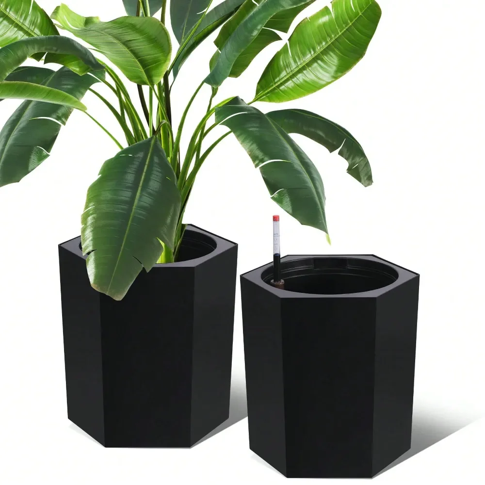 

Pot 16 Inch Tall Outdoor Planters Set Of 2, Self Watering Pots For Indoor Plants With Water Level Monitor Drainage Hole Wheels,