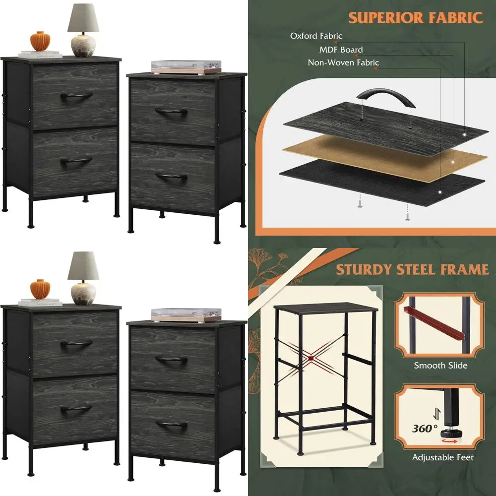 

2-Piece Nightstand Set with Drawers, Fabric Bins, Charcoal Black for Bedroom, Dorm, Entryway