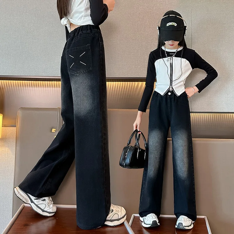 

Teenage Girls Gradient Jeans Children's Fashion Wide Leg Denim Pants Kids Korean Style Trousers Clothes Spring Autumn Streetwear