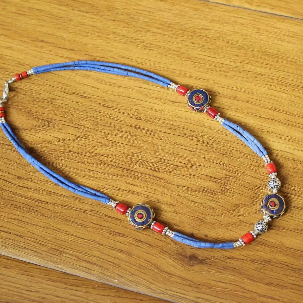 NK252  Ethnic Tibetan 3 Big Round Beads Mini Natural Lapis Stone Lady Necklace Handmade Nepal Jewelry