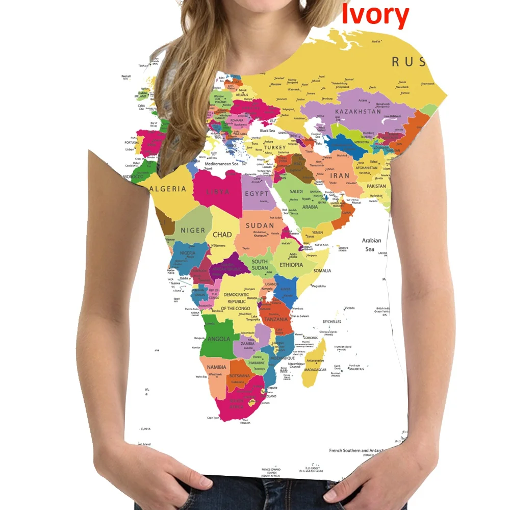 Women Fashion World Map 3d Printing T-shirt Funny Summer Tops Women\'s Short Sleeved Novelty T Shirt Round Neck Casual Blouse