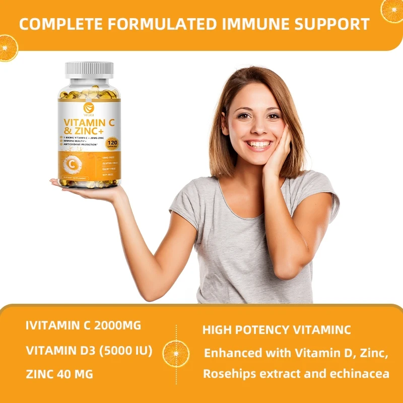 Vitamin C 1000mg with Zinc 20mg 120 Capsules Vitamin Dietery Supplement | Non-GMO & Gluten Free Vegan