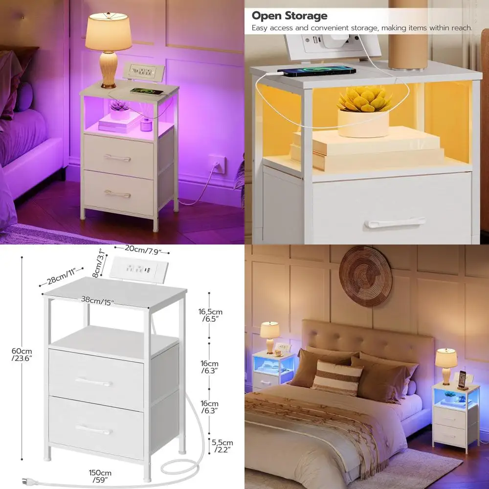 

Прикроватная тумбочка со светодиодной подсветкой, зарядной станцией, тканевыми ящиками и портами AC/USB