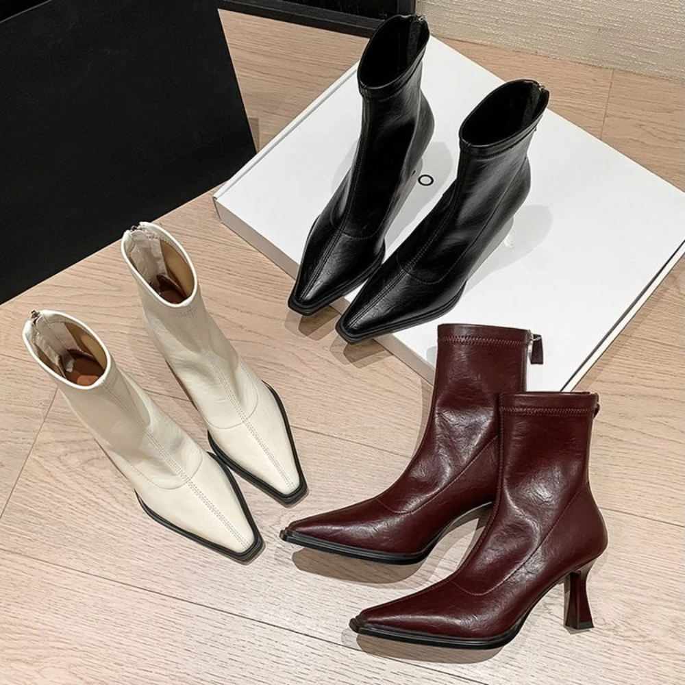 

Осенне-зимние новые короткие женские кожаные ботинки в стиле рок, роскошные узкие ботинки средней длины во французском стиле, женские ботинки на высоком каблуке, туфли
