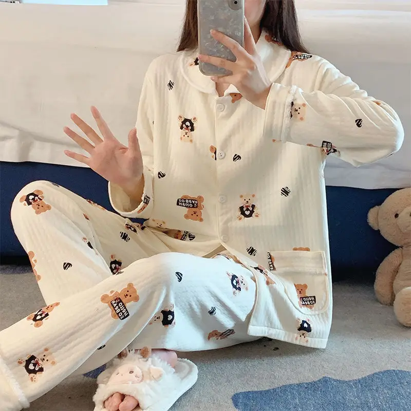 Frauen Pyjama Herbst Winter weiblich große Größe reine Baumwolle Langarm Hosen Nachtwäsche Anzug Tulpe Blume gedruckt Homewear Sets