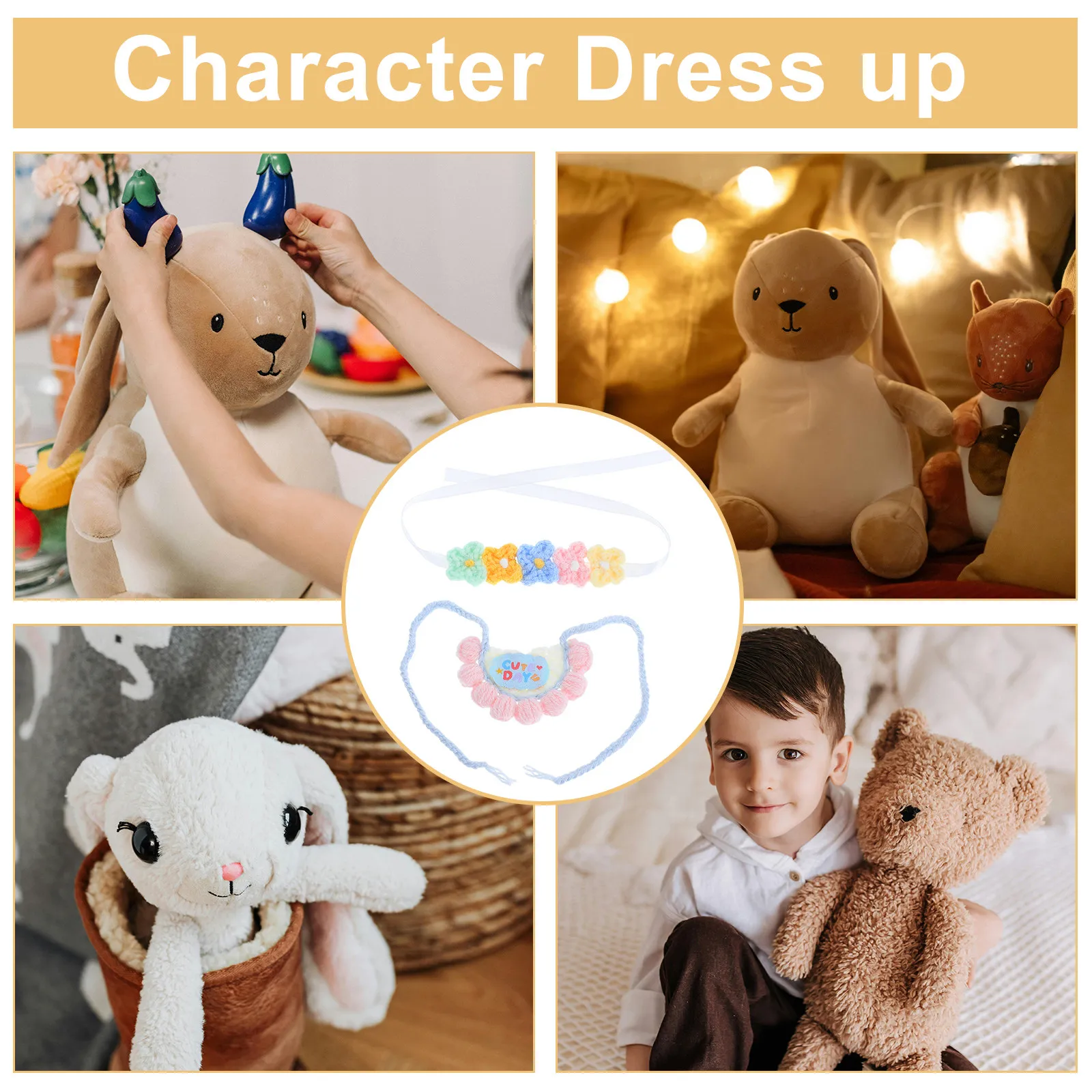 1Set Knitted Bib and Flower Headband Reusable Stuffed Animal Bear Accessories for Figures Baby Girls