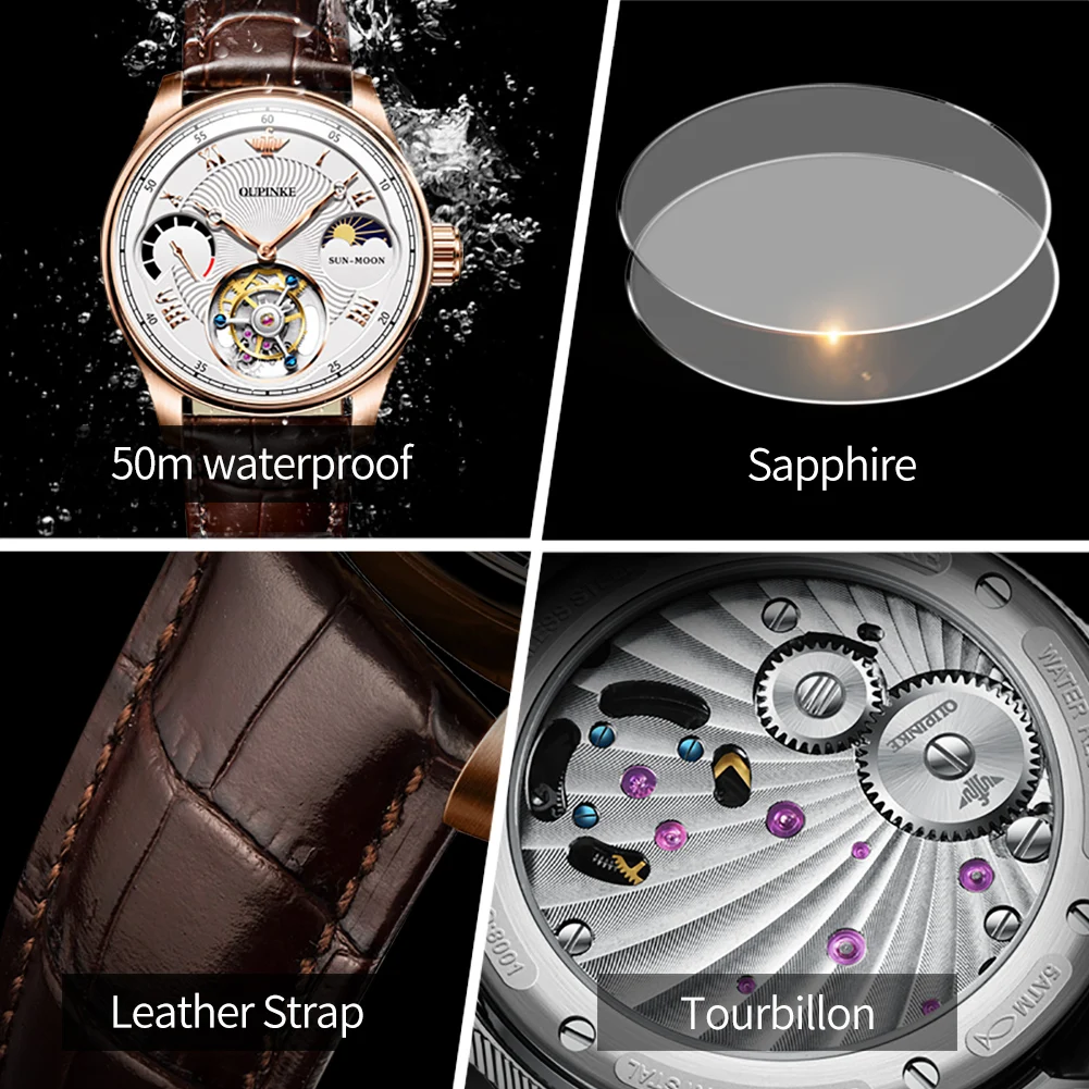 Top Swiss Brand OUPINKE Tourbillon Watch for Men Chronograph Moon Phase Waterproof Man Watch Automatic Mechanical Wristwatch Men