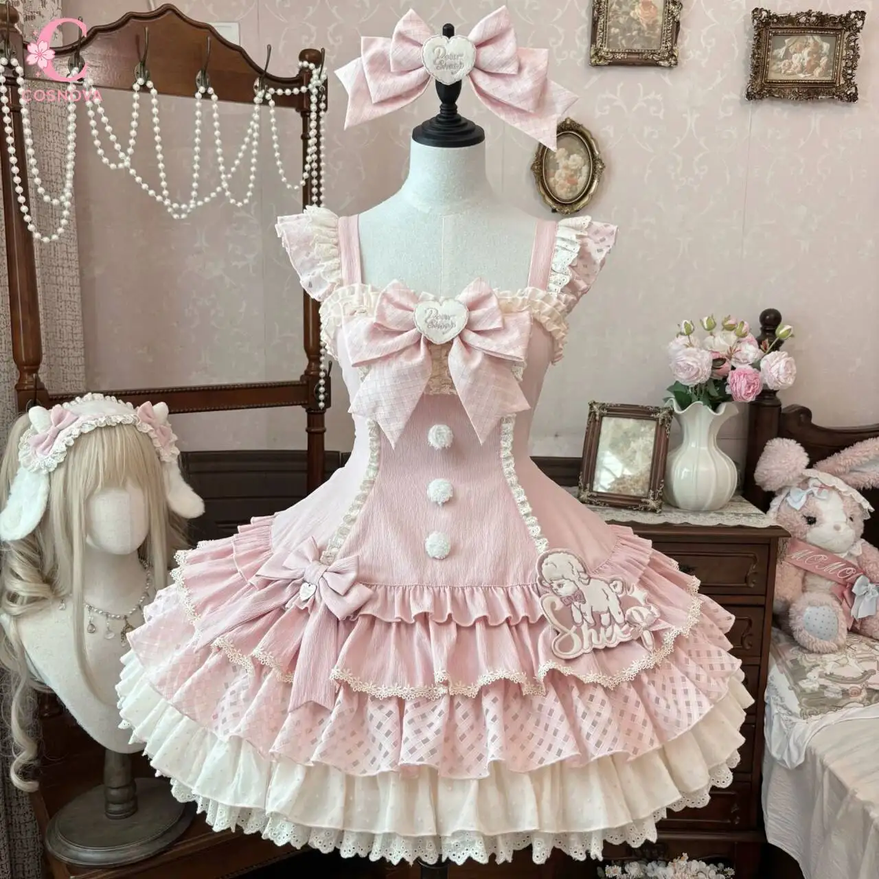 

Японское платье JSK в стиле Sweet Lolita для женщин, розовое, с принтом овечек, бантом, кружевной отделкой, многослойной пышной юбкой, в стиле Kawaii Harajuku, для вечеринок, шикарное, в стиле ретро