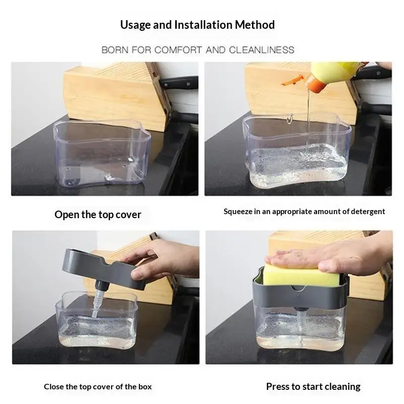 2 In 1 Household Kitchen Press Soap Liquid Box Easy Replenish Non-Slip Bottom Durable for Kitchen Countertop Use
