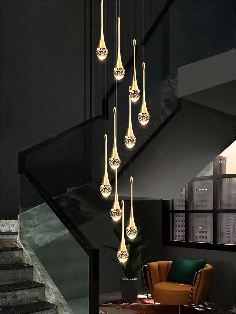 Modern Luxury Staircase Chandelier for Villa Living Room, Simple Lobby Lamp for Dining Room with Crystal LED Lighting.