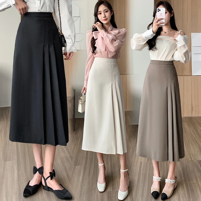 American Retro High Waist A-Line  Skirt Women's Spring Autumn Pleated Bodycon Skirt Elegant Long Skirt Casual Wear