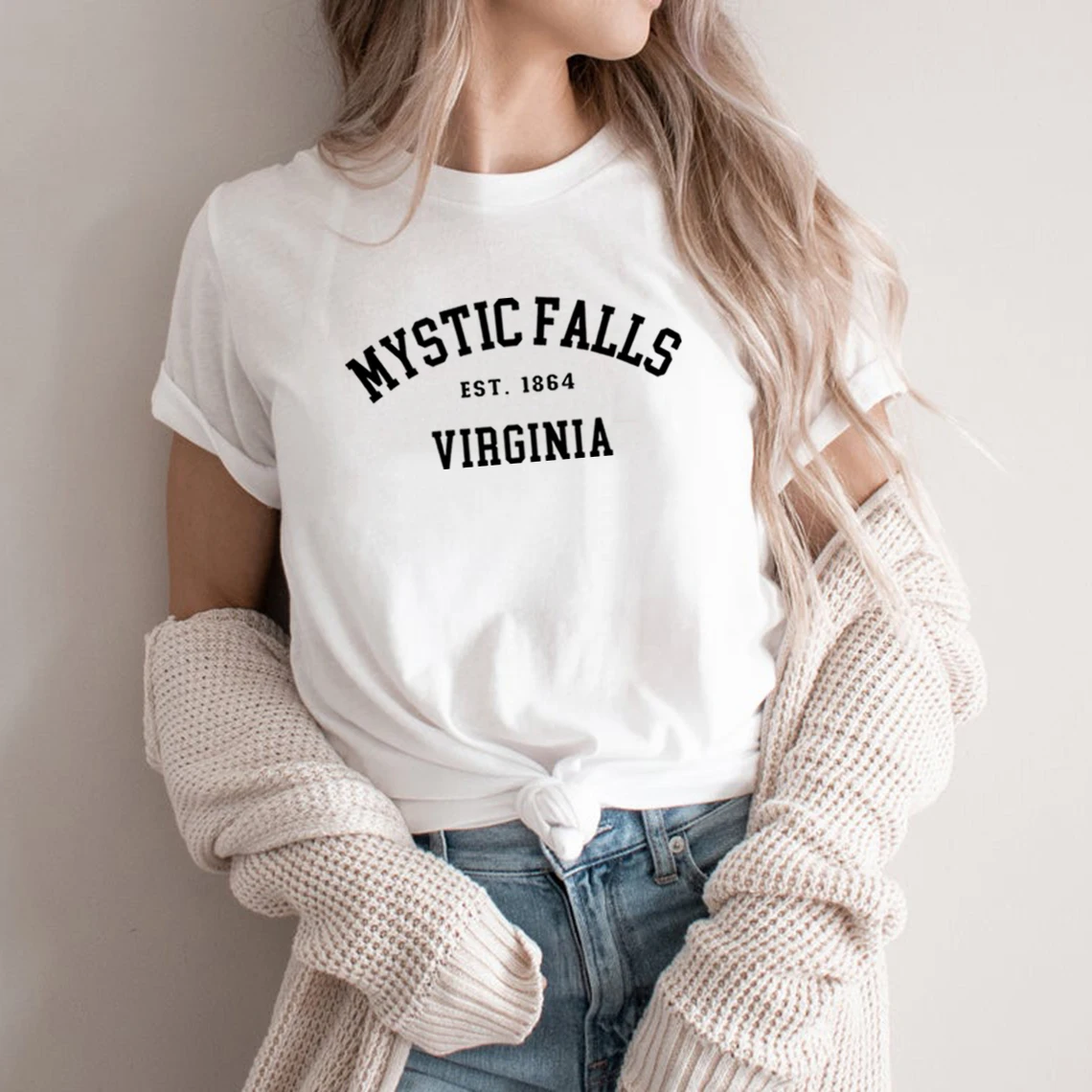 Mystic Falls Virginia Est.1864 T-Shirt Salvatore Tshirt Women Graphic T Shirts Short Sleeve Casual Top Tee Gift for Vampire Fan