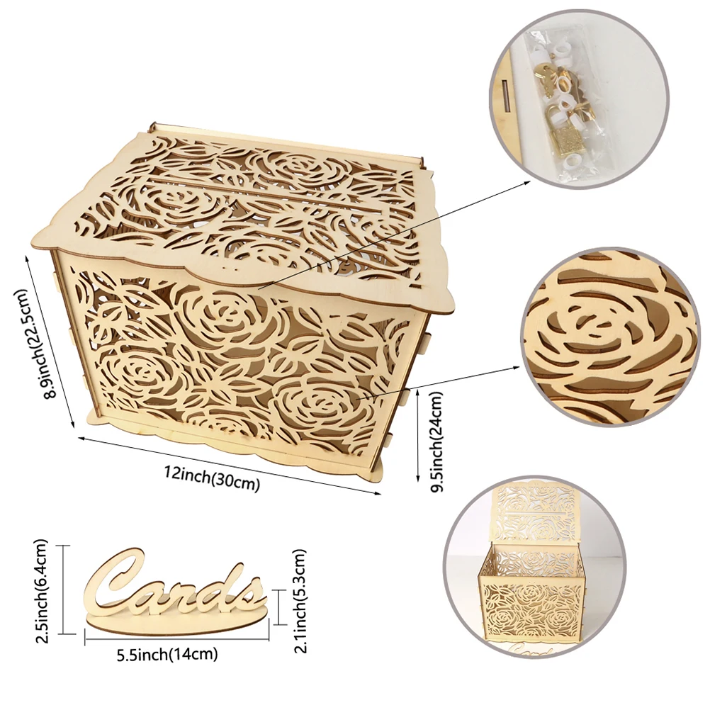 

Wooden Wedding Storage Box DIY Wedding Supplies Rose Box for Wedding Party (1 Key + 12 Rubber Rings, Large Size)
