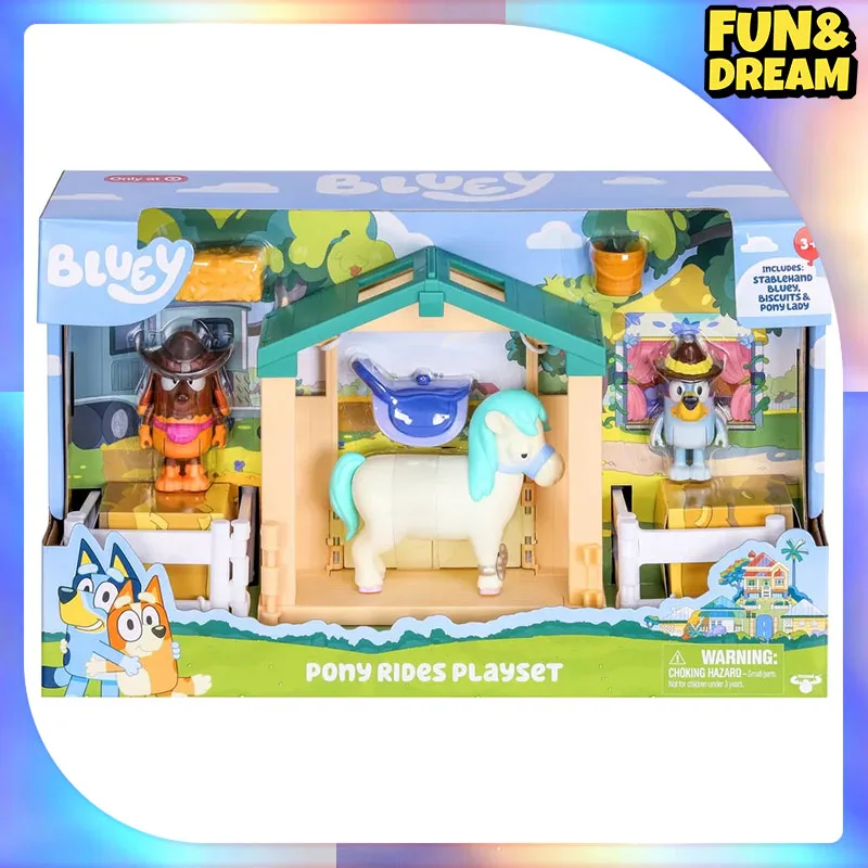 

Bluey Play House Toy Pony Набор для верховой езды включает два куклы, подарки на день рождения, детские игровые домашние игрушки для игр со штабелями