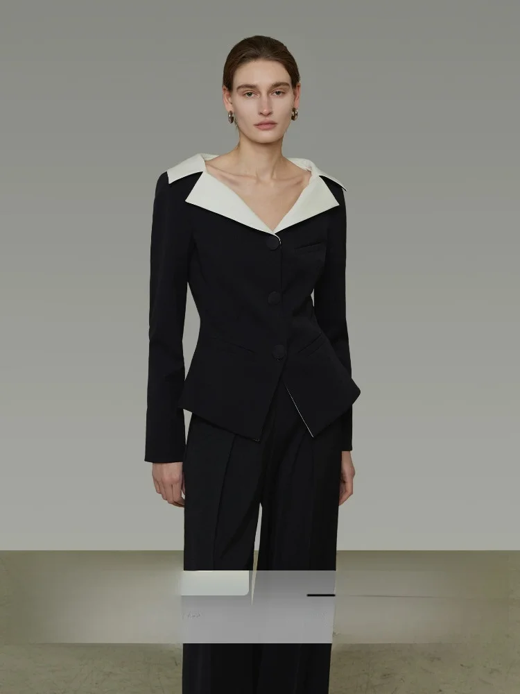 Slim Fit Short Suit Jacket V Neck Waist Cinched Design Simple Commute Personality Color Block Women's Fashion Workwear