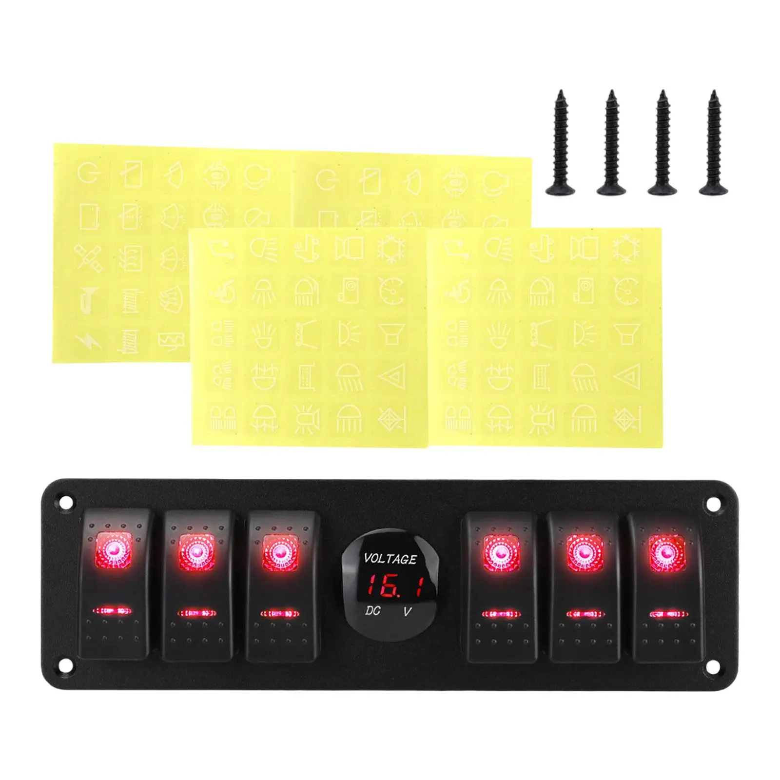 

Pre Wired 6 Way Rocker Switch Panel with Backlit Screws Waterproof Volt Meter for Marine Vehicles Trailers