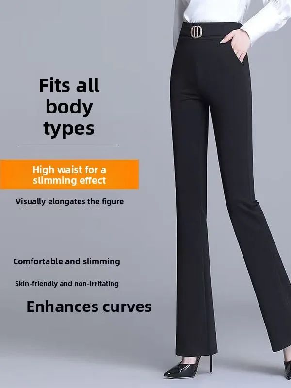 بنطلون نسائي واسع الساق بخصر مرتفع، سروال واسع من الأسفل مرن، تصميم أنيق ومريح، مقاسات كبيرة، نمط عملي، مصنوع من ألياف البوليستر