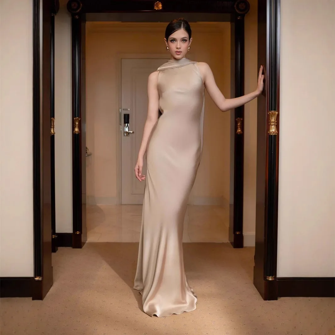 Elegante cetim halter magro vestido longo feminino 2025 verão novo em sexy sem costas sem mangas maxi festa