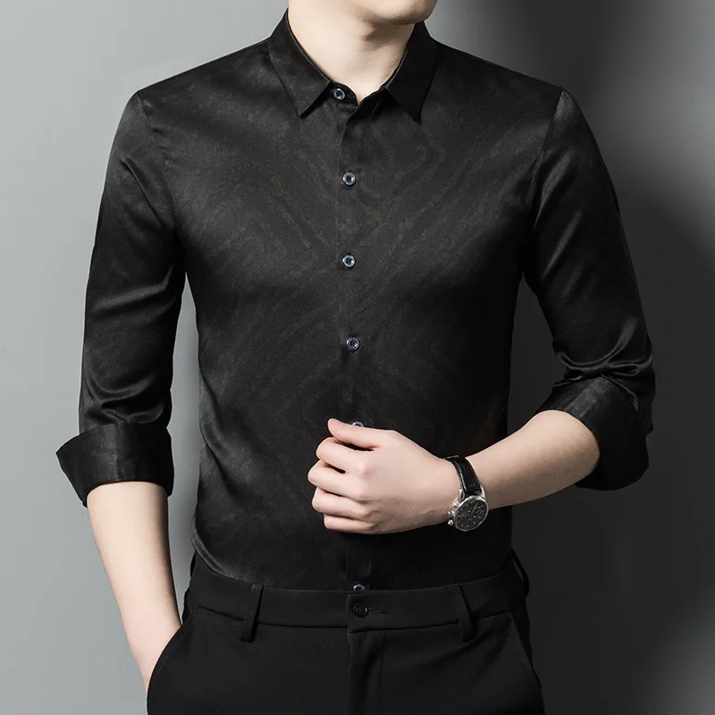 Men Silk Shirt Spring New Silk Long Sleeve Shirt Fashion Casual Satin Silk Men Top