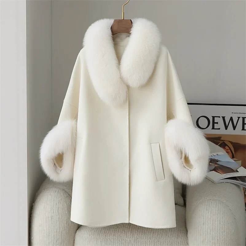 Frauen Luxus Winter Wolle Pelz Mantel Jacke Femal Fox Pelz Kragen Mäntel Dame lange über Größe Parka Graben ct2135