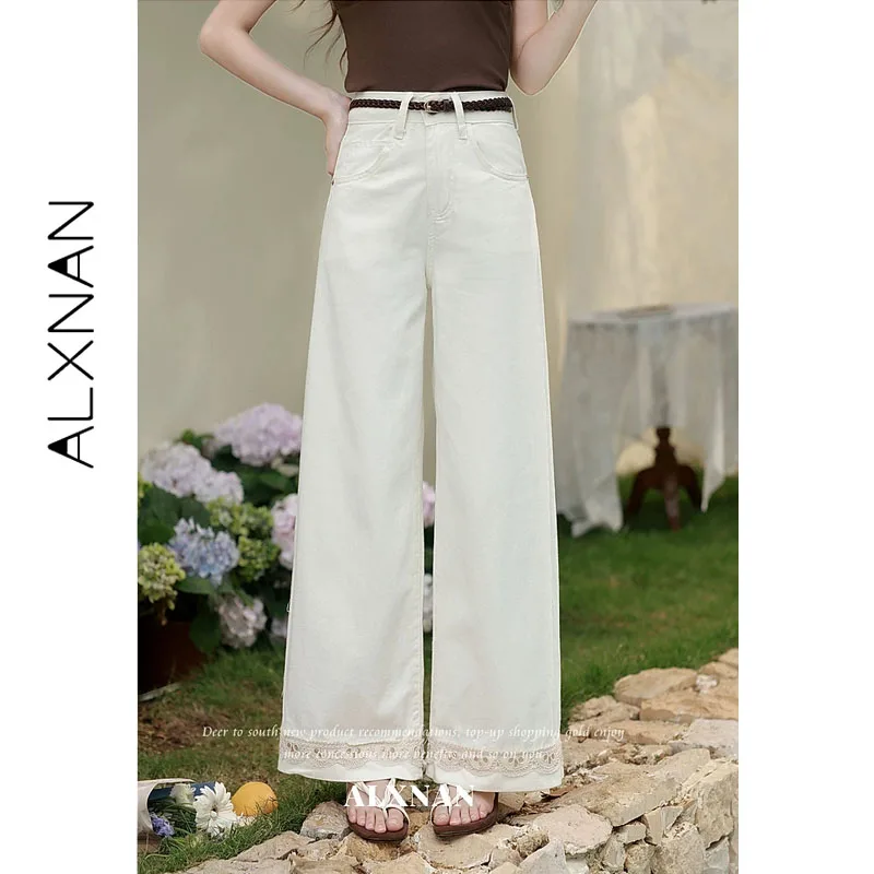 

ALXNAN Women's Jeans Wide Leg High Waist Straight Loose-fit Denim Pants Casual Lace Trim Embroidered Cuffs Baggy Pants L65712
