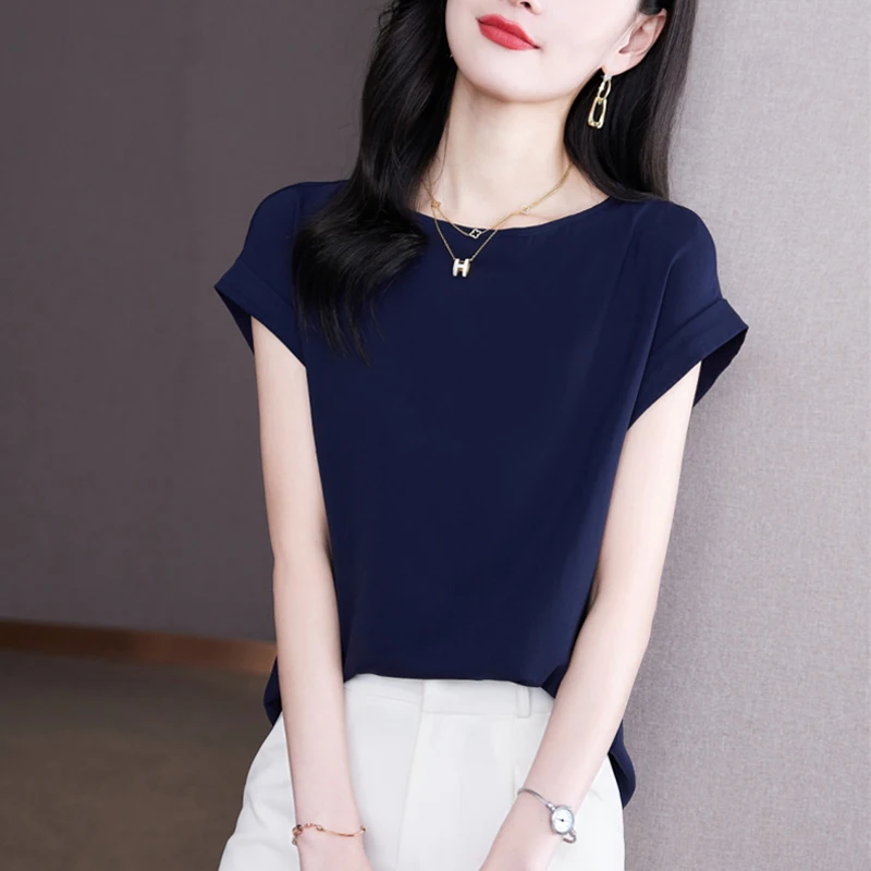 2024 Summer Women Fashion Simple Elegant Blouse Office Lady Casual Short Sleeve Shirt Solid O Neck Loose Tops Blusas Para Mujer