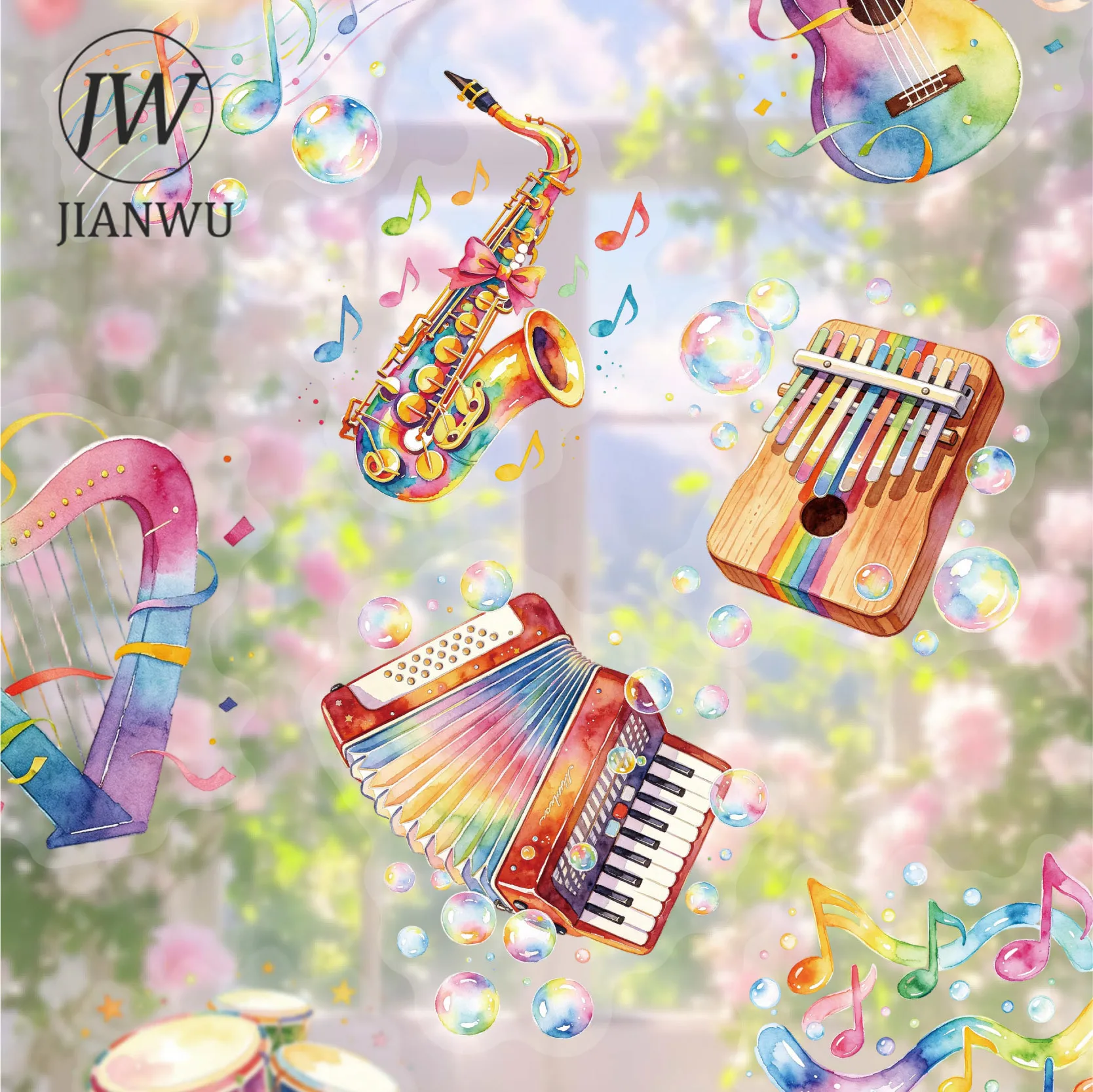 JIANWU Vintage Colorful Musical Instrument Note Landscape Material Collage Scrapbooking PET Sticker Creative Journal Stationery