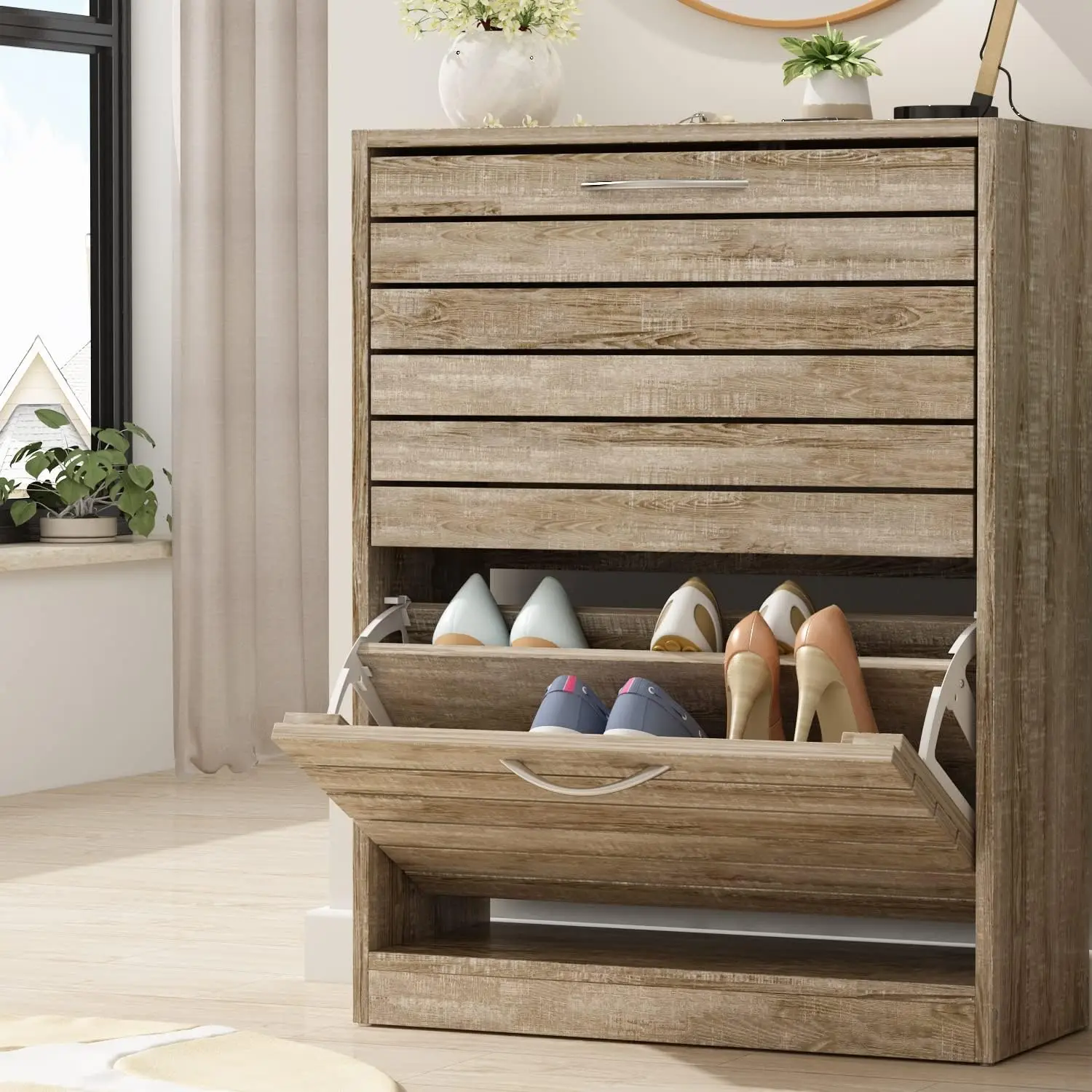 

Shoe Storage Cabinet with 3 Flip Drawers for Entryway, Freestanding Shoe Rack Shoe Organiazer with Louver Drawers