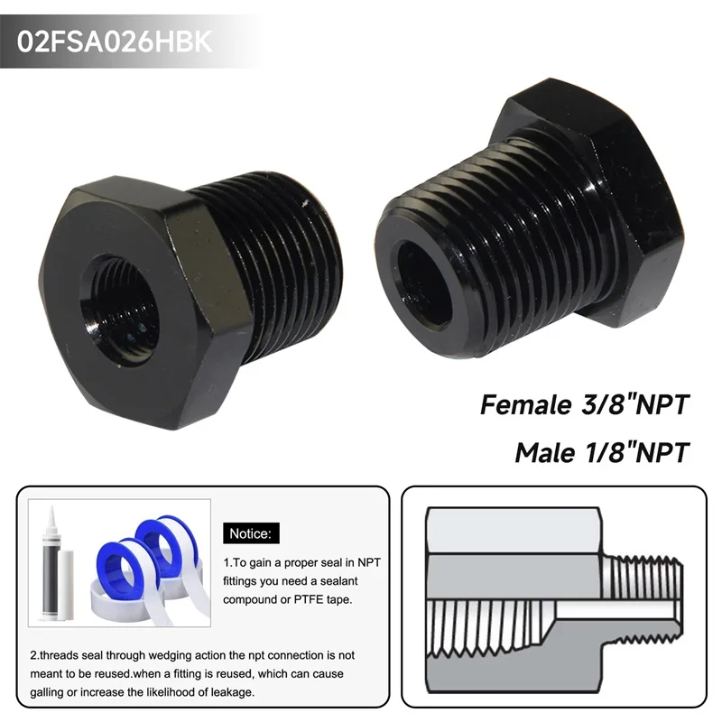 Universal 2pcs Thread Reducer Bushing Pipe Fitting Hex Alloy Female 3/8