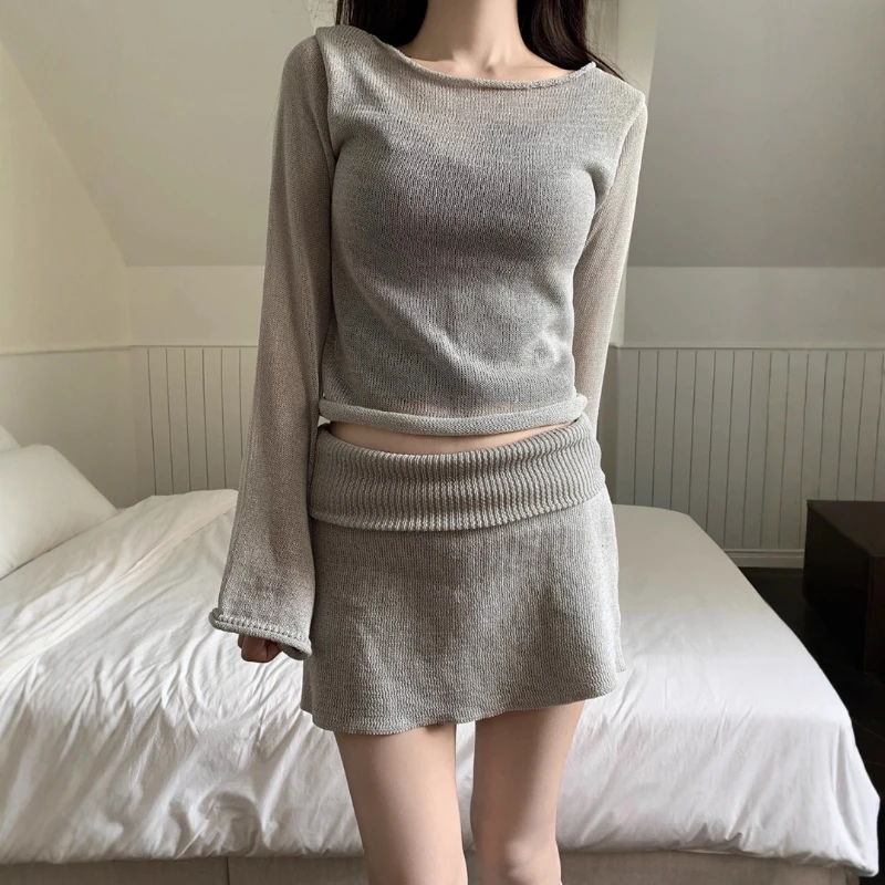 

2026 Summer New Design Gentle Wind Thin Knitted Top and Skirt Two Piece Set for Women