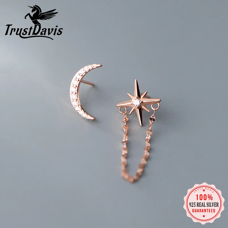 

TrustDavis Real 925 Sterling Silver Fashion Asymmetric Moon Star Chain Stud Earrings For Women Party Fine S925 Jewelry DS1125