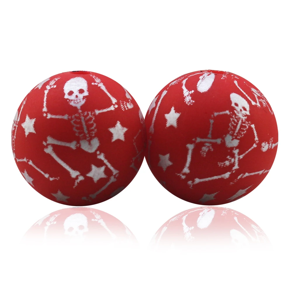 New Arrival 10Pcs Printed Silicone Beads 15MM Halloween Dacing Skeleton Skull Bone Star Pattern Silicon Focal Bead For Pens