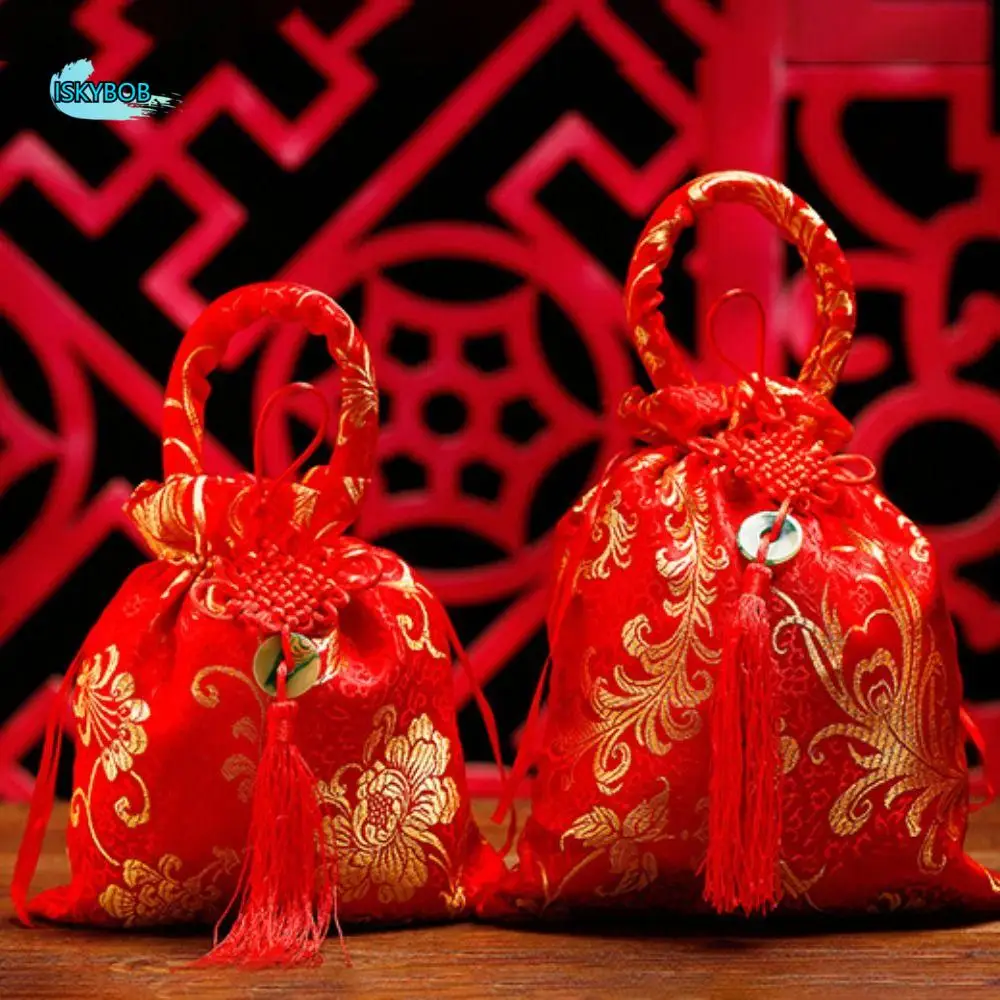 

Chinese Style Canvas Flower Drawstring Bag Wrist Bag Large Capacity Chinese Knot Tassel Handbag Wedding Candy Bag Storage Bag