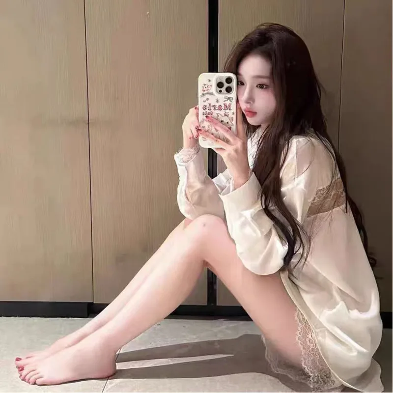 

2024, весенне-осенняя сексуальная кружевная рубашка, брюки из ледяного шелка с длинными рукавами, женские пижамы-бойфренды, домашняя одежда, комплект из двух предметов, ночная рубашка, одежда для сна