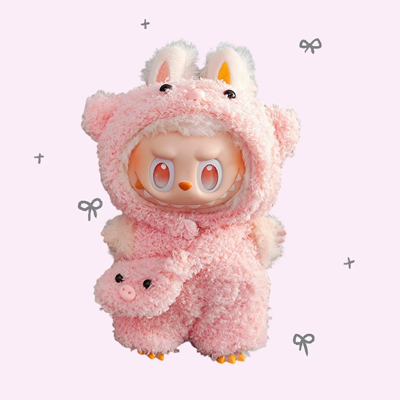 

17 см наряд для куклы Labubu, милый розовый плюшевый комплект с сумкой, костюм с капюшоном для куклы V1 V2, подарок «сделай сам», кавайная кукла-монстр, сменная одежда