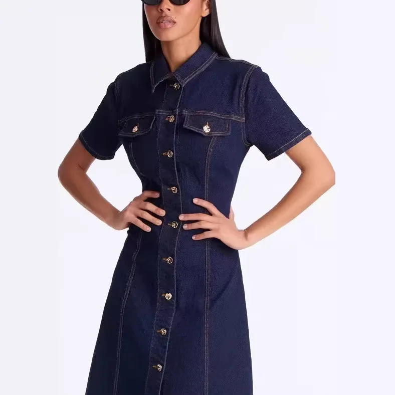 Vestido Vaquero Informal para Mujer, Manga Corta, Cuello Camisero, Falda Midi, Mezcla de Algodón y Poliéster, Moda de Verano, Elegante