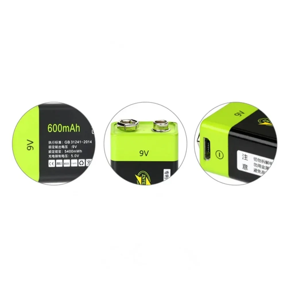 1 ชิ้น/ล็อต ZNTER 9V แบตเตอรี่ลิเธียมแบบชาร์จไฟได้ 6F22 600mAh USB แบตเตอรี่ลิเธียมโพลิเมอร์เหมาะสําหรับอุปกรณ์ความปลอดภัย intercom